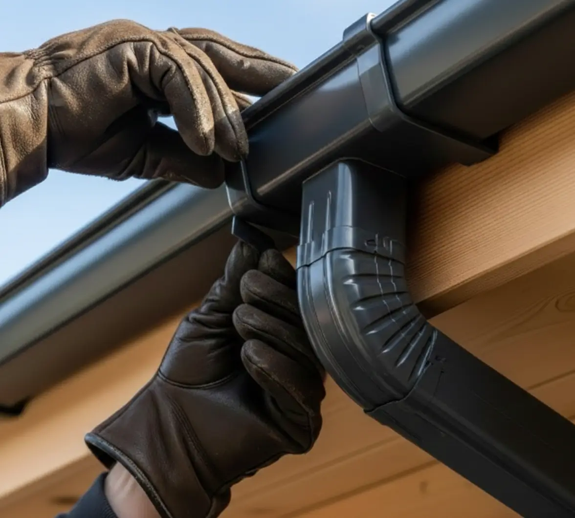 Close-up of gloved hands attaching a black rain gutter to a wooden roof. The scene conveys precision and craftsmanship under a clear blue sky.