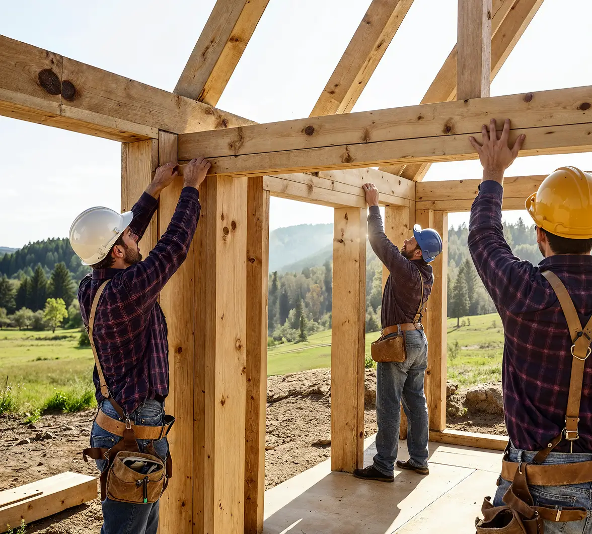 Three construction workers wearing hard hats build a timber frame on a sunny day, set against a scenic backdrop of green fields and forested hills.