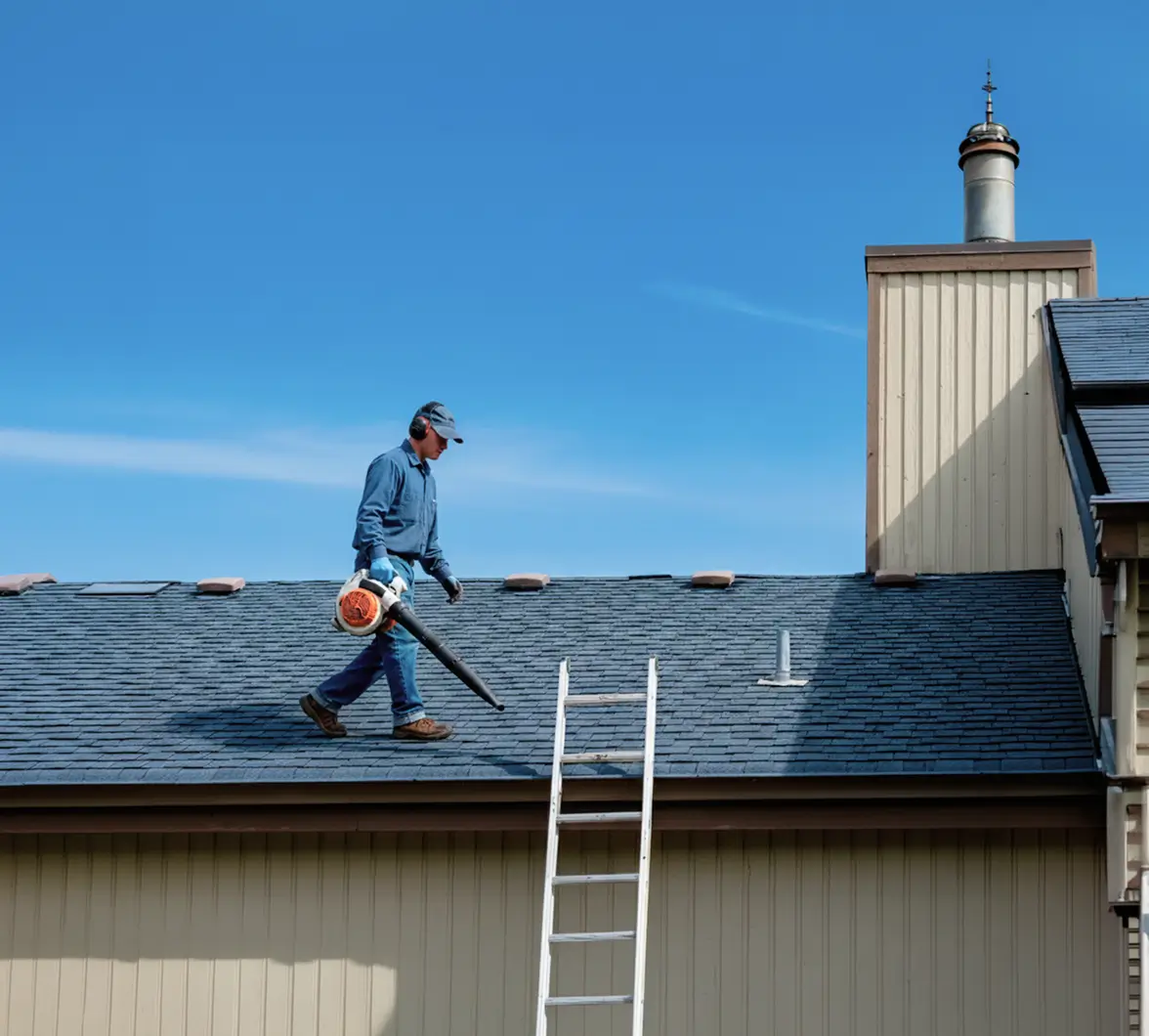 A person wearing a cap, gloves, and hearing protection is using a leaf blower to clear debris on a house roof. A ladder leads up to the roof against a backdrop of clear blue sky.