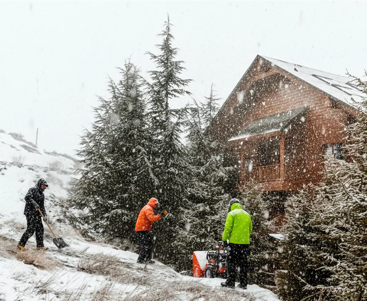 Three people in winter jackets clear snow near a wooden cabin in a snowy forest. Heavy snow is falling, creating a cold, cozy winter atmosphere.
