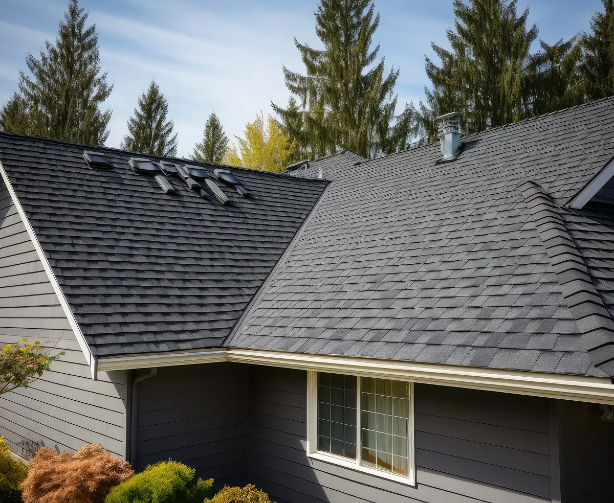 A gray roof with new asphalt shingles, several skylights, and a chimney against a backdrop of green pine trees under a clear blue sky.