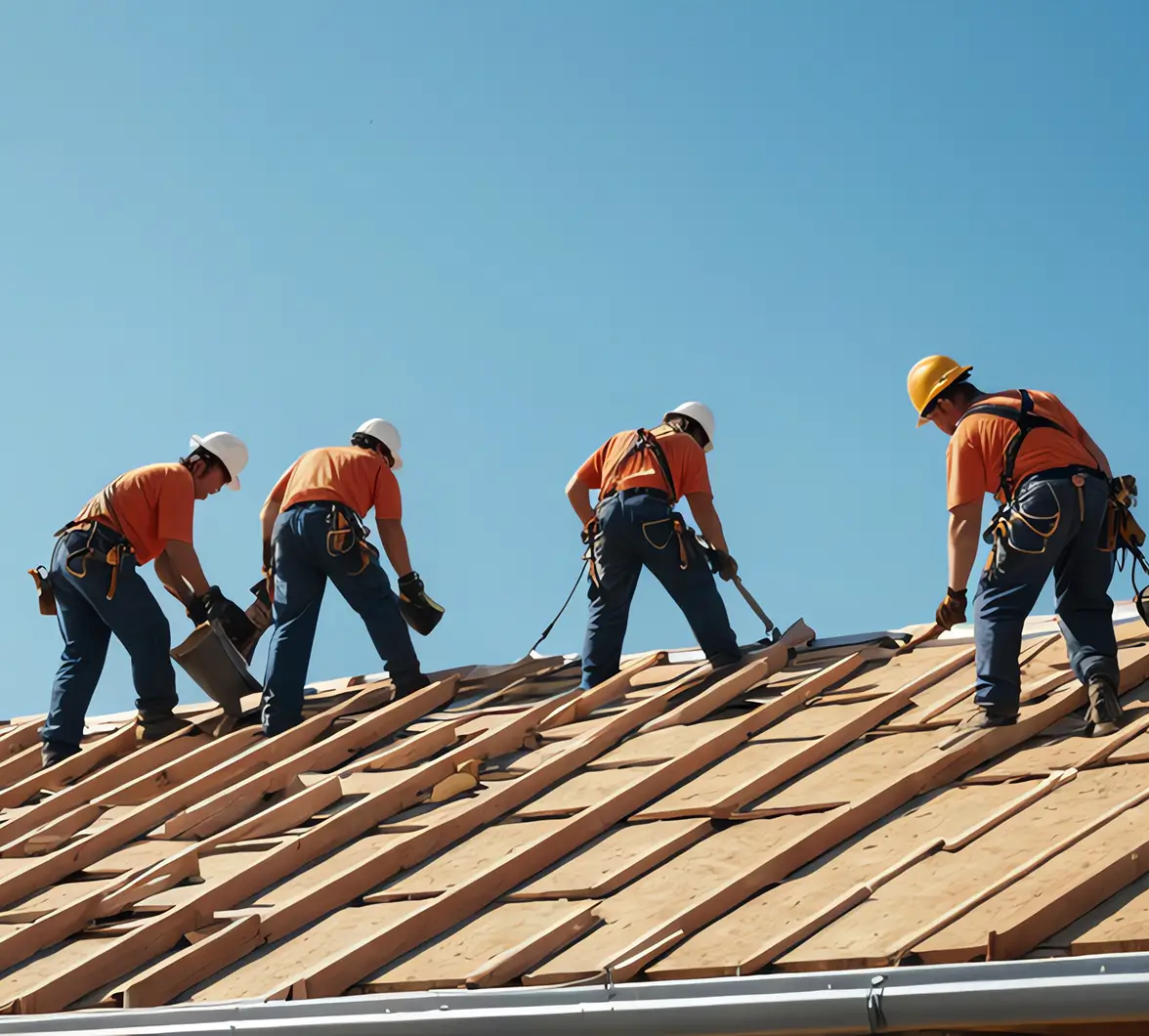 Four construction workers wearing orange shirts and safety gear install shingles on a wooden roof under a clear blue sky. Teamwork and focus are evident.