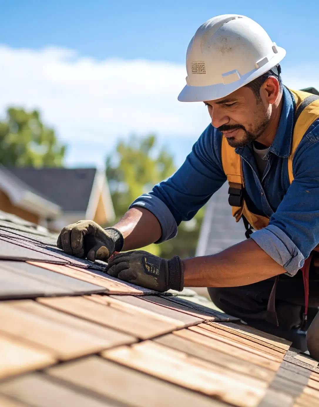 A construction worker in a blue shirt and hard hat is kneeling on a roof, focused on installing shingles. The scene is sunny, conveying diligence.