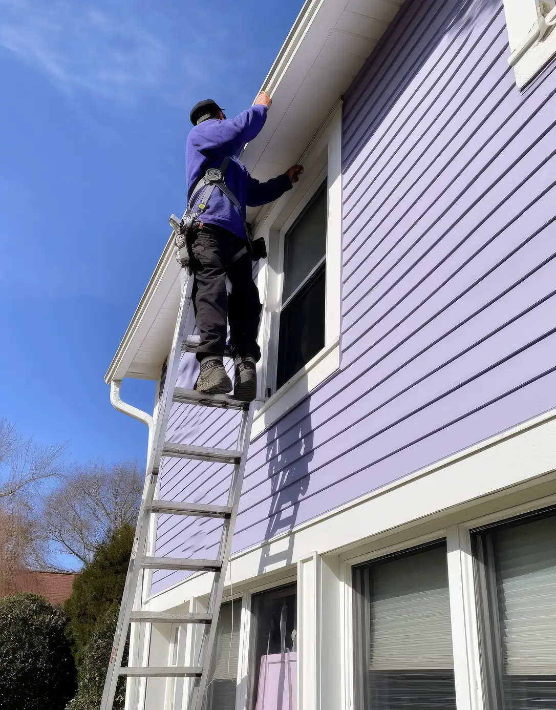 A person on a ladder repairs a gutter on a two-story lavender house on a clear day, with bare trees in the background, conveying focus and safety.