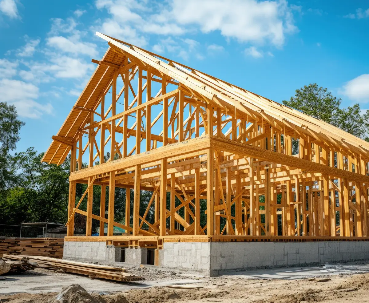 Wooden house frame under construction against a clear blue sky with scattered clouds. The scene conveys progress and potential in building work.
